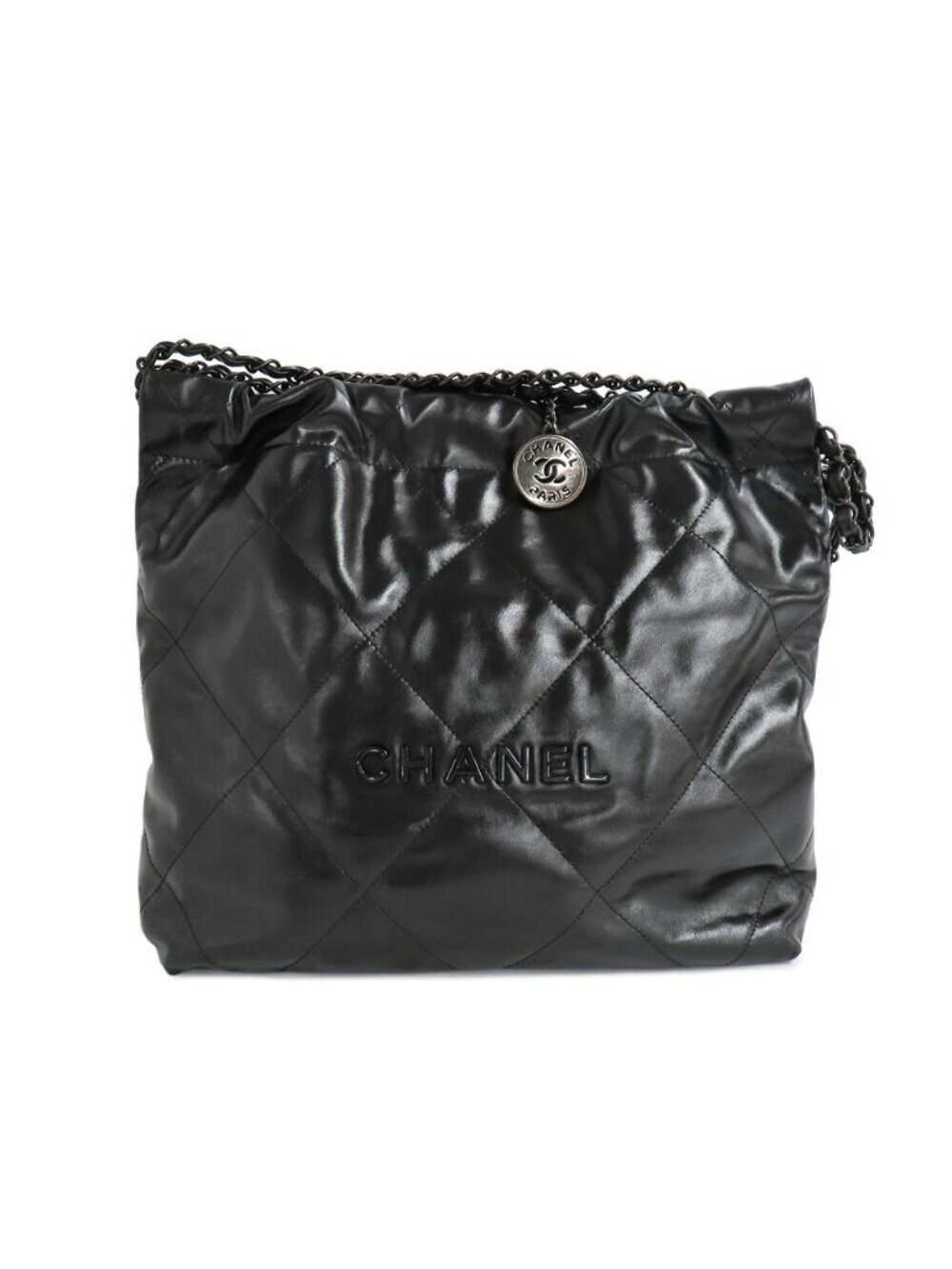 Chanel 22 Small Handbag So Black Shiny Calfskin Chain Shoulder CC Logo